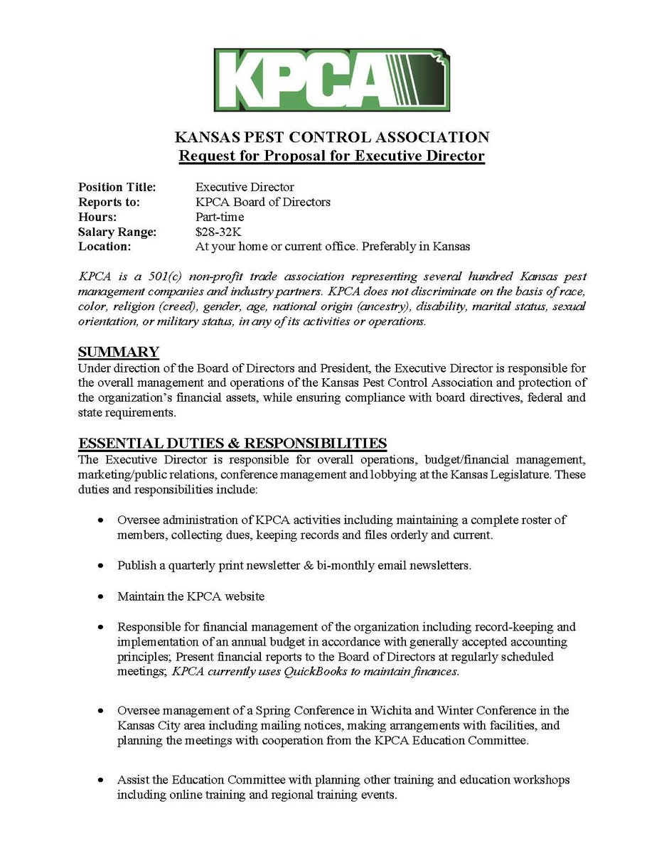 KSPestControl's tweet image. KPCA SEEKING EXECUTIVE DIRECTOR

The Kansas Pest Control Association is seeking an Executive Director to lead the association. Get more information about the position and the association at kansaspest.com

View the posting at kpca.wildapricot.org/Job-Postings

#pestcontrol