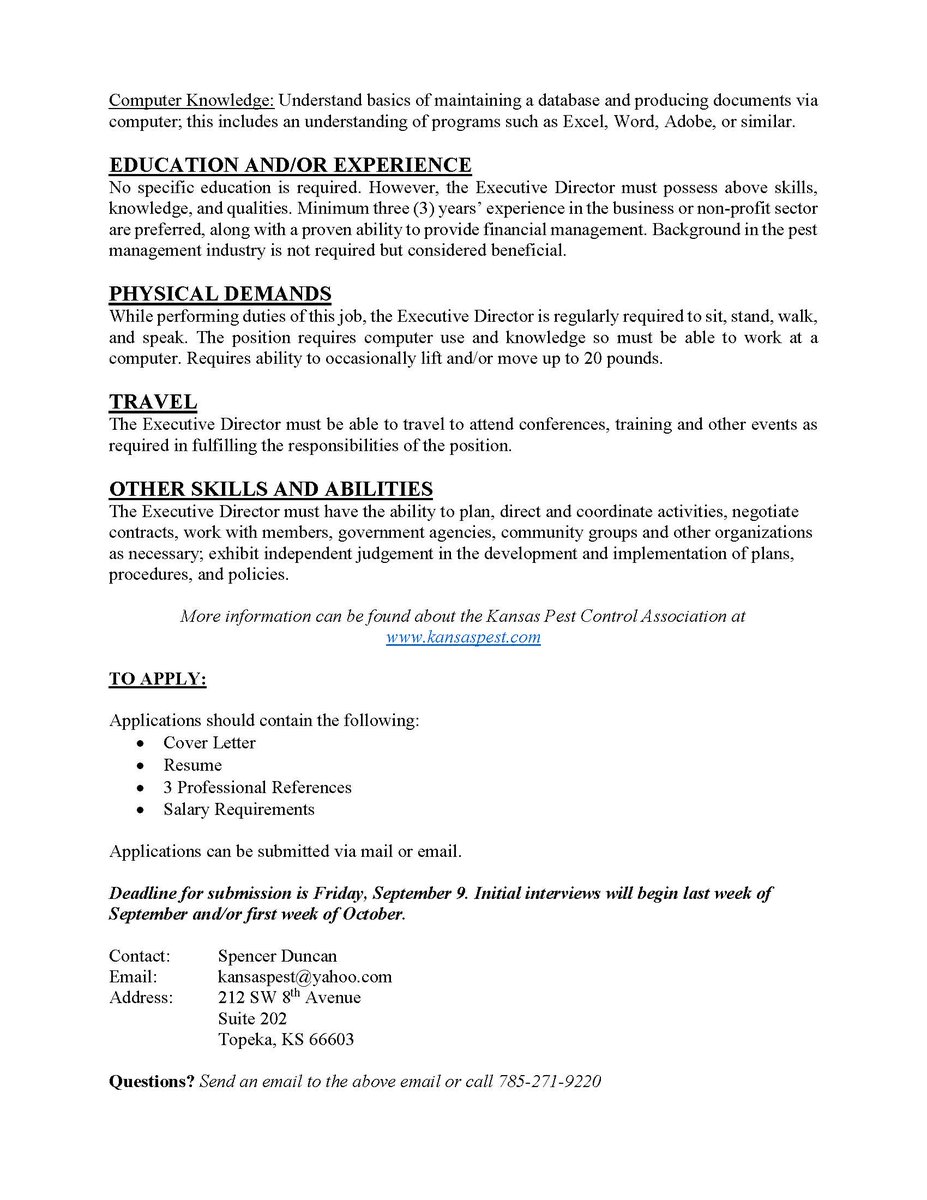 KSPestControl's tweet image. KPCA SEEKING EXECUTIVE DIRECTOR

The Kansas Pest Control Association is seeking an Executive Director to lead the association. Get more information about the position and the association at kansaspest.com

View the posting at kpca.wildapricot.org/Job-Postings

#pestcontrol