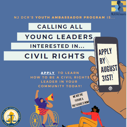 CivilRightsNJ's tweet photo. Passionate about civil rights? Have your voice heard and join NJ Division on Civil Rights Youth Ambassador Program! Applications close August 31st at 11:59pm

Apply here: https://t.co/SMH8T2Xo5t 

#CivilRights #NoHateInThisGreatState #StopTheHate https://t.co/UQaFcnMmGe
