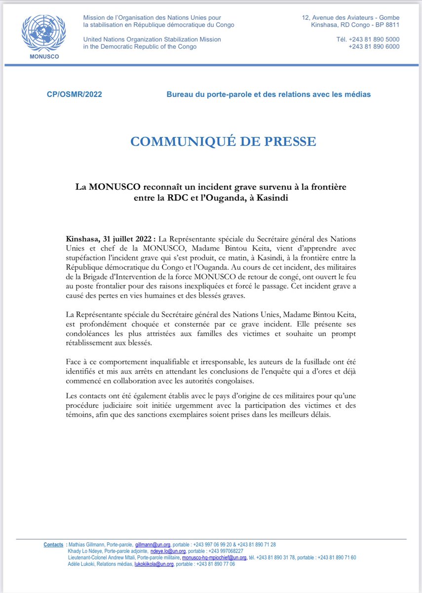 #RDC2022 : la <a href="/MONUSCO/">MONUSCO</a> a tiré sur les civils non armés dans la cité de #Kasindi en Territoire de Beni et les a tué, elle a forcé une barrière de notre pays.
Il y a lieu de se questionner sur les objectifs de cette mission en RDC
#MonuscoDegage 
<a href="/luchaRDC/">LUCHA 🇨🇩</a> <a href="/matumo_b/">Bienvenu Matumo</a> <a href="/filimbi243/">FILIMBI</a>