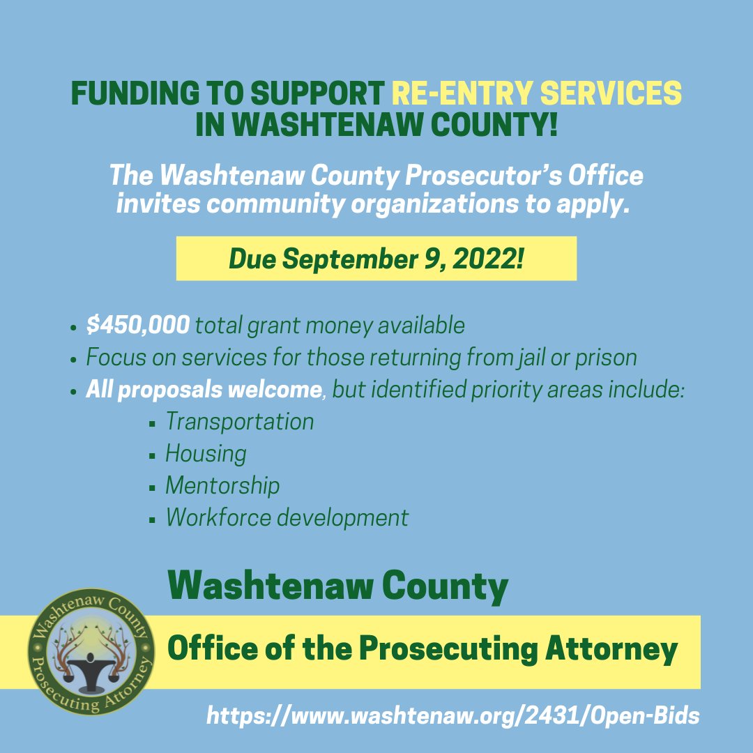 Our office recently released a request for proposals around re-entry services. Community organizations are encouraged to apply. Proposals are due September 9, 2022. Visit washtenaw.org/2431/Open-Bids for more info!