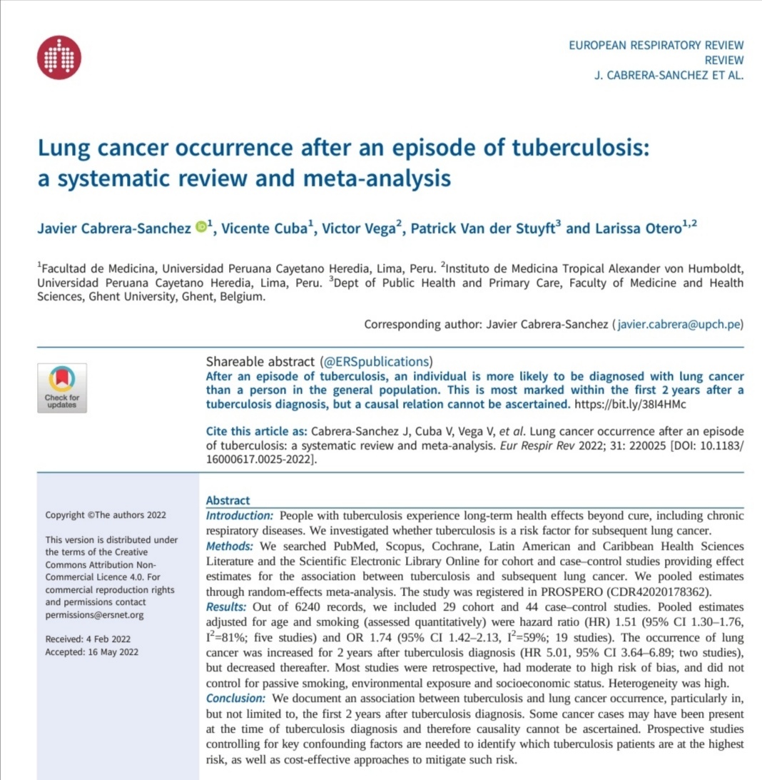 Javier Cabrera Sanchez (@javiercabrera_s) on Twitter photo Pleased to share that my study of #lungcancer after #tuberculosis has just been published! <a href="/ERSpublications/">ERS publications</a> (<a href="/EuroRespSoc/">ERS</a>)
Grateful for the support received from <a href="/IMTAVH_UPCH/">Inst. de Medicina Tropical Alexander von Humboldt</a> <a href="/ResearchUGent/">Ghent University Research</a> <a href="/VictorVegaZ/">Victor Vega Zambrano</a>
➡️Free full-text: err.ersjournals.com/lookup/doi/10.… Pleased to share that my study of #lungcancer after #tuberculosis has just been published! <a href="/ERSpublications/">ERS publications</a> (<a href="/EuroRespSoc/">ERS</a>)
Grateful for the support received from <a href="/IMTAVH_UPCH/">Inst. de Medicina Tropical Alexander von Humboldt</a> <a href="/ResearchUGent/">Ghent University Research</a> <a href="/VictorVegaZ/">Victor Vega Zambrano</a>
➡️Free full-text: err.ersjournals.com/lookup/doi/10.…