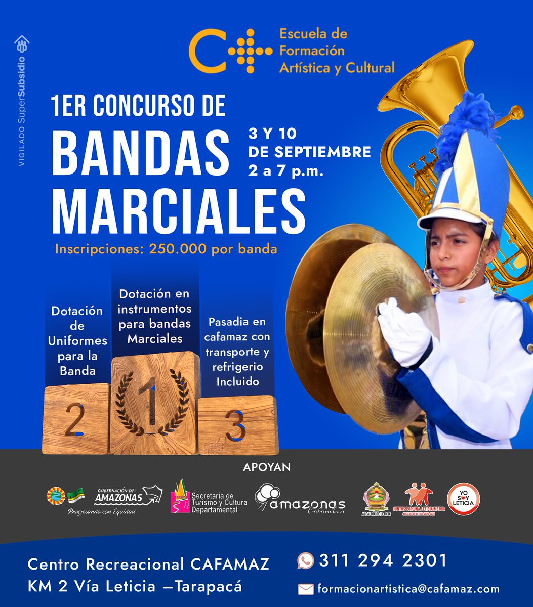cafamaz's tweet photo. Primer Concurso de Bandas Marciales

Organízate con tu grupo de músicos y convence al jurado.

Requisito: Pertenecer a una Institución Educativa Pública o Privada del Amazonas Colombiano.

Inscripciones 📲 311 294 2301

#CafamazMásCultura
#CafamazCompromisoSocial https://t.co/I2RRi5oZWn