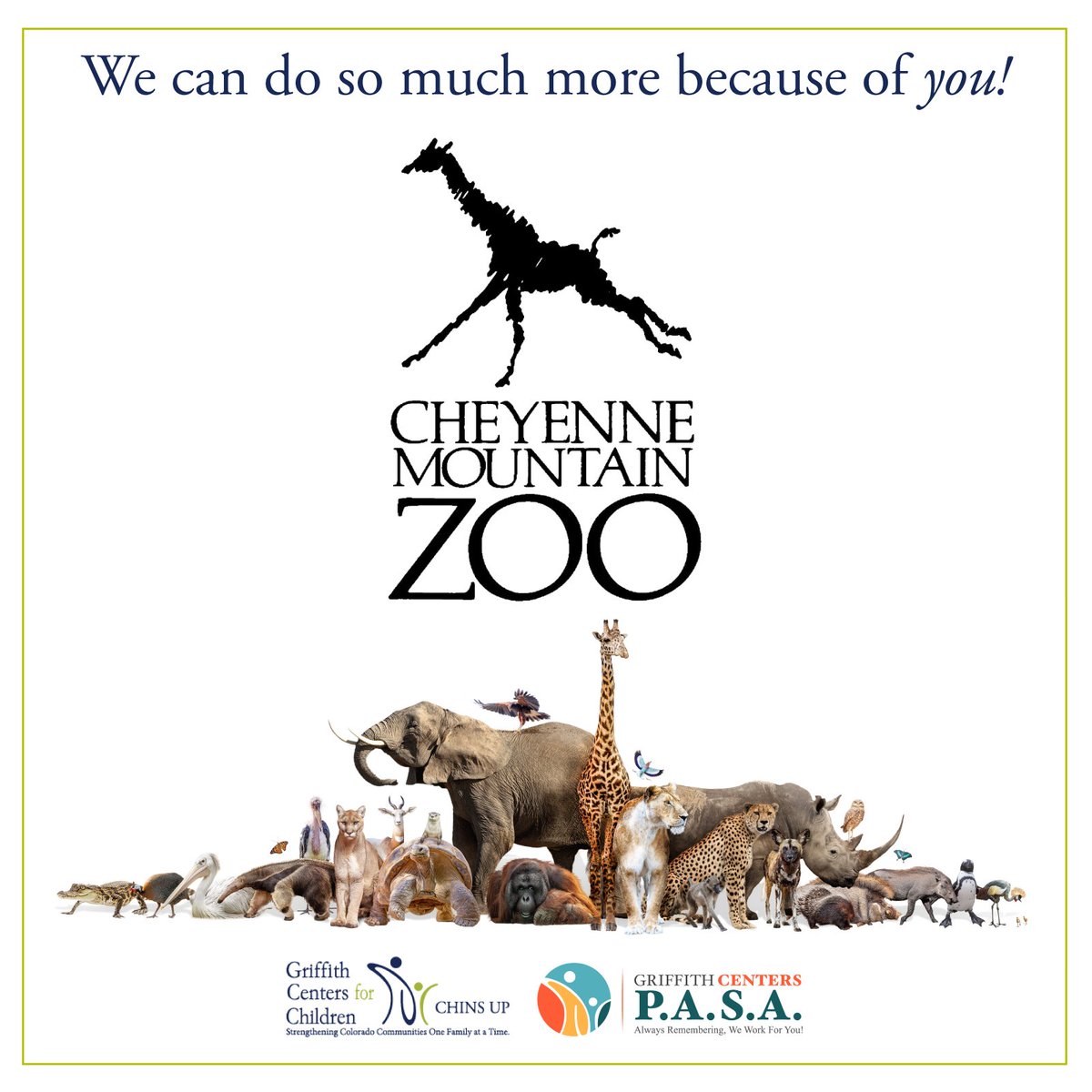 griffithcenters's tweet photo. We are incredibly grateful to @CheyenneMtnZoo  for their generous gift of Zoo admissions to our organization. We're very excited to visit one of the top zoos in the country! Thank you, #CMZoo! Because of you, we can do so much more! https://t.co/NaRBkt8AAT
