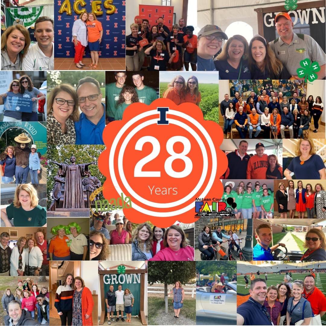 vealt's tweet image. August 1 marks 28 years completed at the University of Illinois!  A milestone from starting on the first day of the county fair in 1994 to today!  When I think about all of the years, experiences, and opportunities....it always comes back to the people.  🧡💙🍀