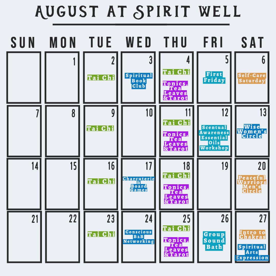 SpiritWellSL's tweet image. August at Spirit Well 🧡✨

We have a packed month of events for you, our conscious community! You can find details via our Facebook events or our events calendar at spiritwellsensorylounge.com/events/
#spiritwell #healthisthenewhigh #stuartfl