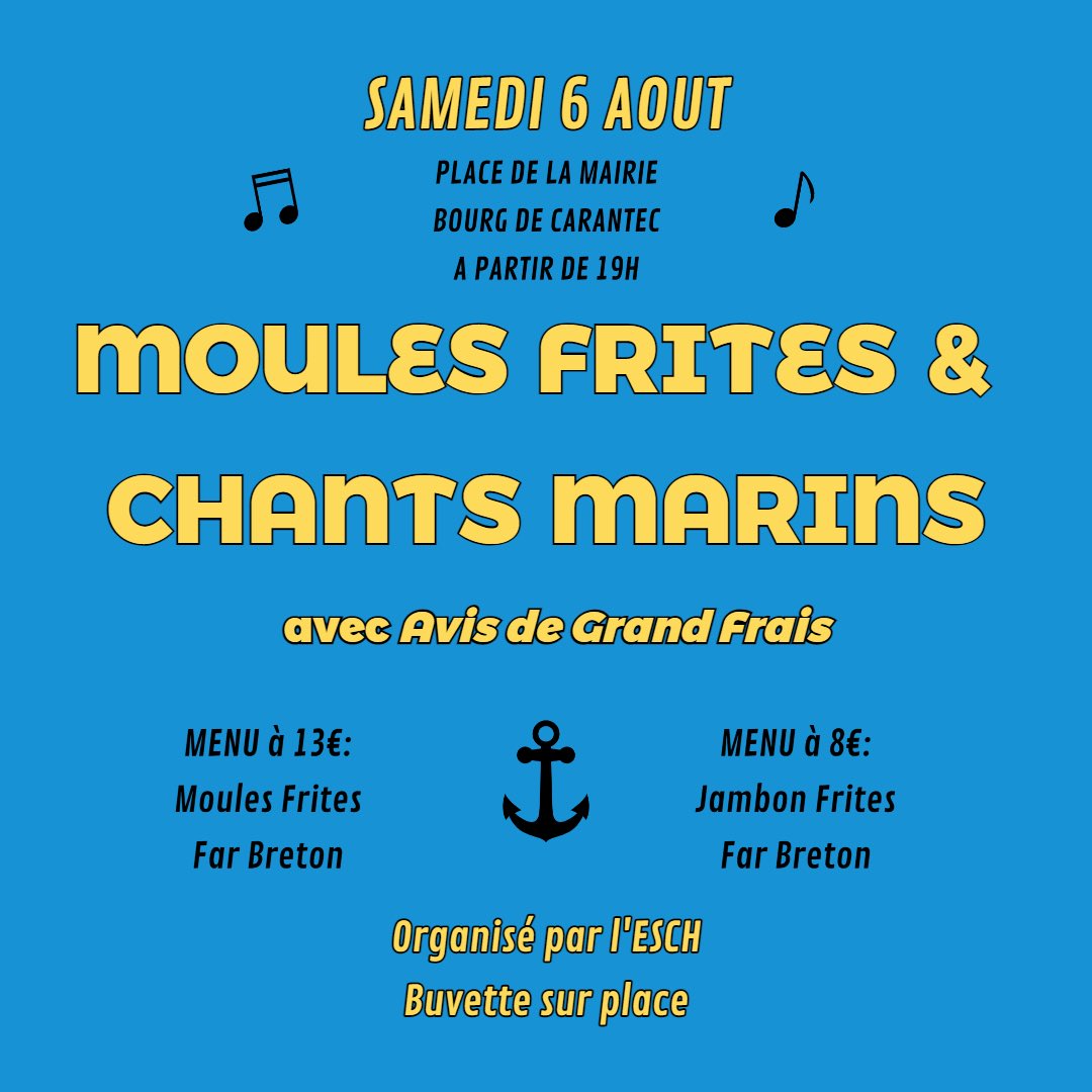 ESCH_inside's tweet photo. 🥳 La grande soirée Moules-Frites revient cet été à Carantec.

🎶 Le groupe Avis de Grand Frais sera là pour ravir les petits et les grands avec leurs traditionnels chants de marins !

🍟 Rdv samedi, les joueurs et sympathisants de l'ESCH vous serviront avec grand plaisir. https://t.co/QPEHIcpbE9