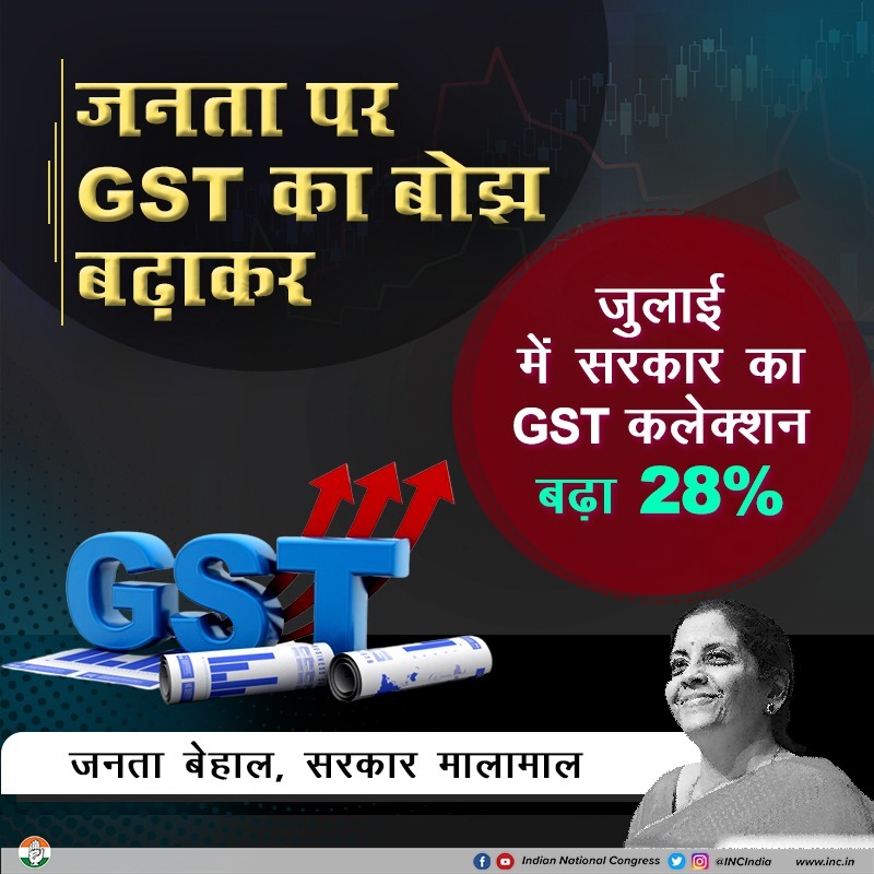 INCIndia's tweet photo. जनता पर GST का बोझ बढ़ाकर सरकार अपना खजाना भर रही है, शर्म आनी चाहिए। https://t.co/QP5jhLRMhx