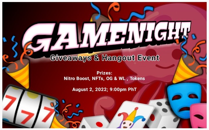 GAMENIGHT‼️🎲🎭🃏🎰
Giveaways and Hangout Event!🎉🍻
#NitroBoost, #NFTs, #OG ,#WhitelistGiveaway, #token
August 2, 2022; 9:00pm PhT.

Medu-Kingdom:
discord.gg/TbG2dpqDTT

#NFTCommunity #NFTGiveaways
