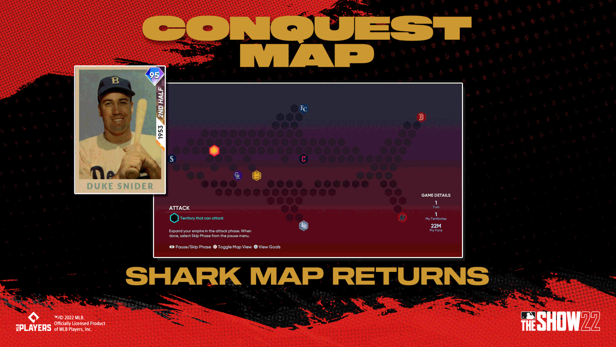 MLBTheShow's tweet photo. 🦈⚾ The Shark Map Returns ⚾ 🦈

Complete all the goals to earn 2nd Half Heroes Duke Snider, along with assorted packs and  🦈-themed unlockable items.

Live this Wednesday around noon PT. 
#MLBTheShow https://t.co/xgE5kz74k2