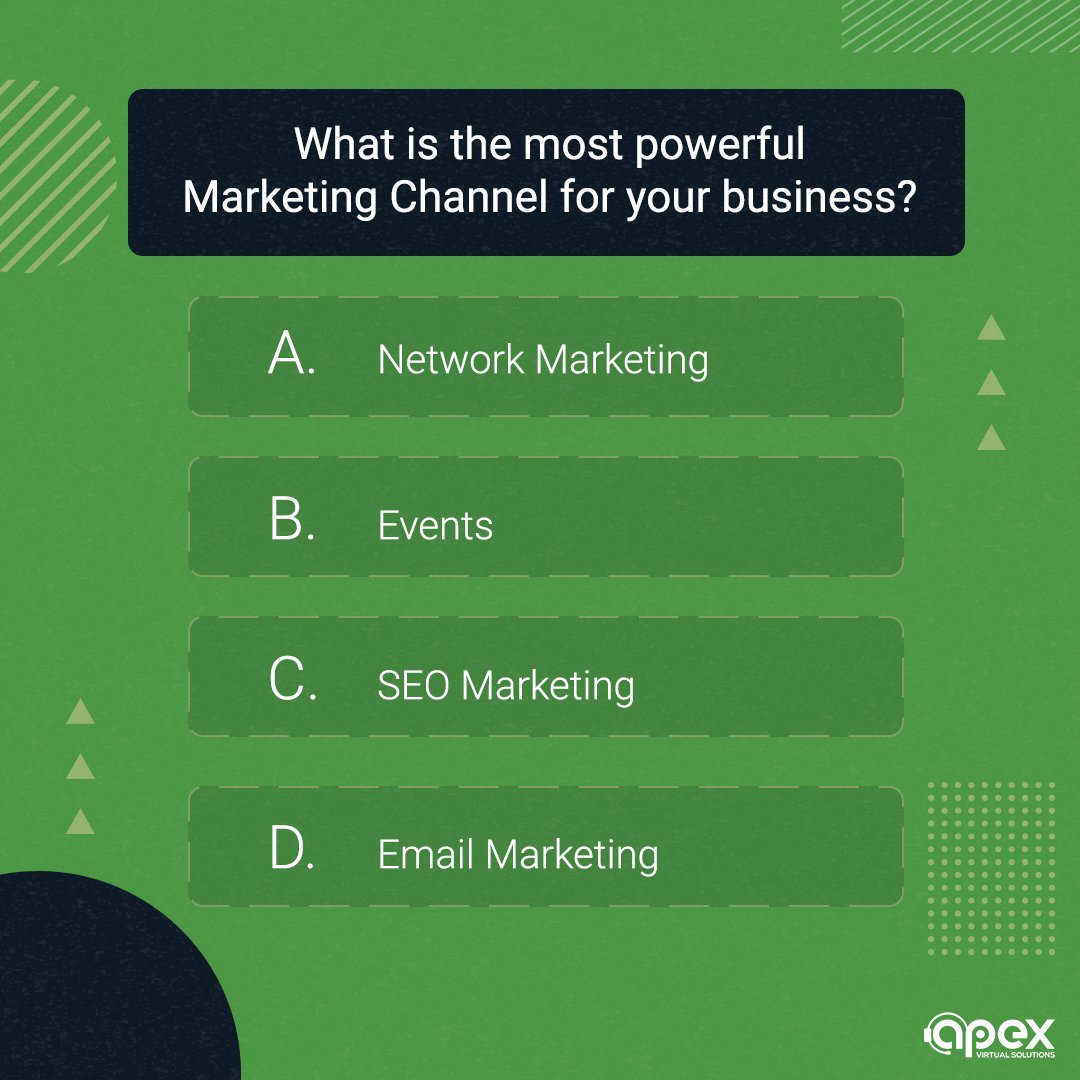 apexva's tweet image. Often entrepreneurs spend so much time creating a great product or service that they forget about one of the most important pieces of the puzzle... client attraction. 

What is the most powerful marketing channel for your business? 

#clientattraction #marketing