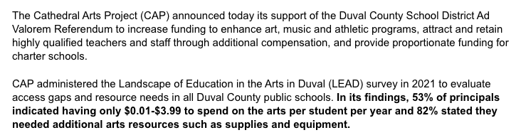 emdrums's tweet photo. INBOX: Local nonprofit The Cathedral Arts Project has announced its support for the Duval Schools property tax referendum, citing funds for school arts programs.
More: https://t.co/Ey9cSSPCXJ https://t.co/5Pq356x9jD