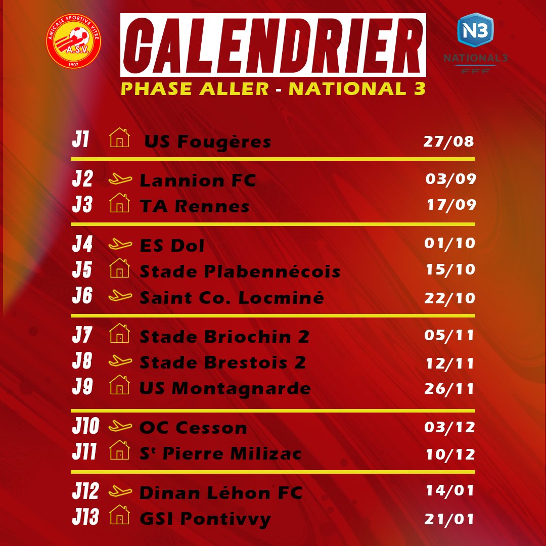 AsVitre1907's tweet photo. Amis supporters et supportrices, découvrez le calendrier des 🔴&amp;🟡 pour la saison 2022-2023 en #National3 !

Nous vous attendons nombreux au Municipal pour encourager nos combattants 💪 https://t.co/NTwGcU7a19