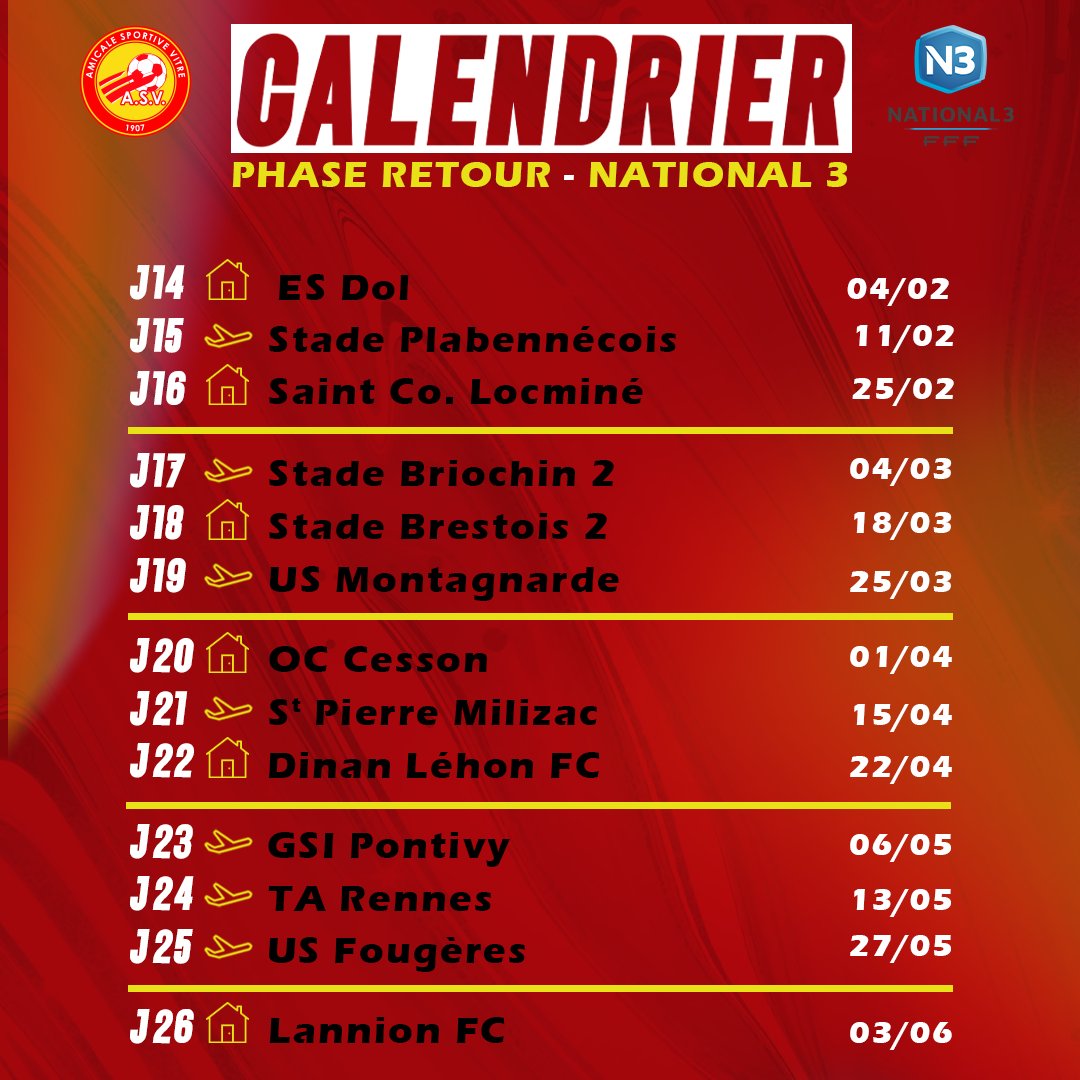 AsVitre1907's tweet photo. Amis supporters et supportrices, découvrez le calendrier des 🔴&amp;🟡 pour la saison 2022-2023 en #National3 !

Nous vous attendons nombreux au Municipal pour encourager nos combattants 💪 https://t.co/NTwGcU7a19