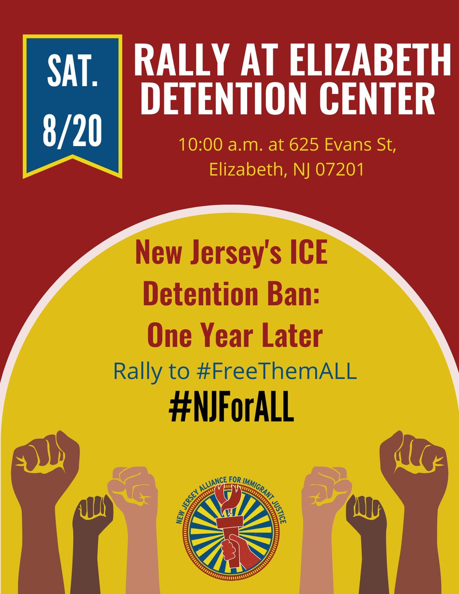 NJAIJ's tweet photo. 📣SATURDAY, AUGUST 20th @ 10 AM📣

We’re celebrating the one year anniversary of New Jersey’s Detention Ban, and rallying to continue the fight to #ABOLISHICE and pass the #ValuesAct 💥

We demand #NJForAll! https://t.co/rgJHQt41By