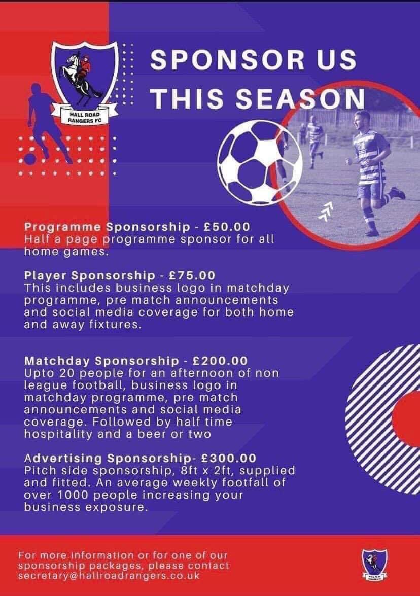 HRRFC's tweet photo. There are many ways to become one of our club sponsors.
We have a great range of sponsorship opportunities available to take advantage of and help your business gain more coverage in the local area.
Please contact secretary@hallroadrangers.co.uk for more information 🤝🔵⚪️ https://t.co/hckOY2j3kW