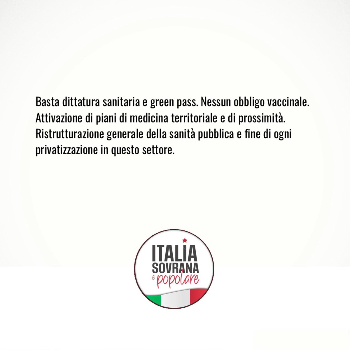 christian_fsi's tweet photo. Il #ProgrammaPolitico di #ItaliaSovranaePopolare [2/8]

NO A OBBLIGO VACCINALE E GREEN PASS https://t.co/J5PBY794Fr