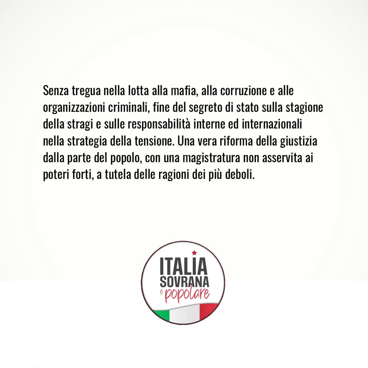 christian_fsi's tweet photo. Il #ProgrammaPolitico di #ItaliaSovranaePopolare [3/8]

LOTTA ALLA MAFIA E STOP SEGRETO DI STATO https://t.co/SqxxBsAAVP