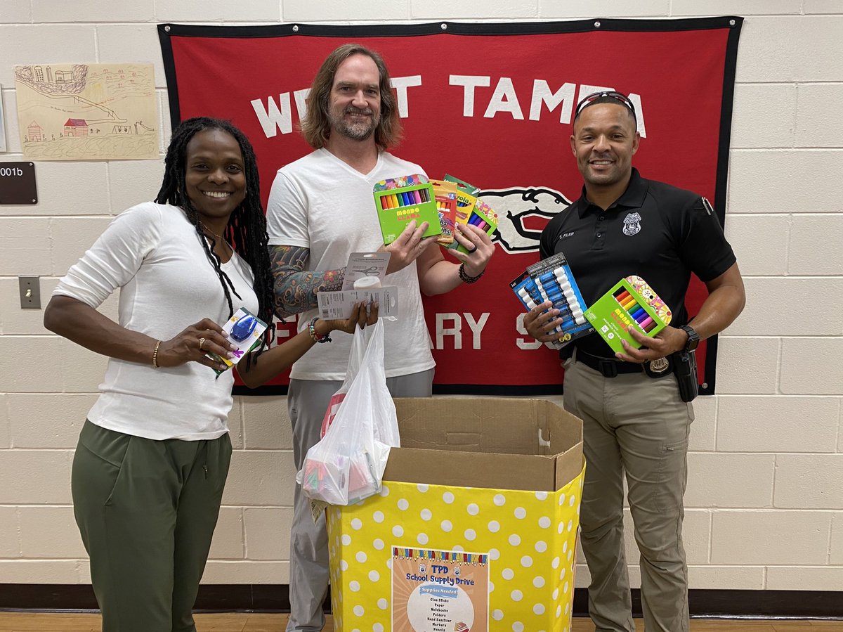 HillsboroughSch's tweet photo. It takes a village to get our students and schools ready for the first day! We can’t thank @TampaPD enough for their support in the process. 

Through their School Supply Drive, @FosterElemHCPS, @EdisonTampa, and @tampa_west received a box full of goodies today! 😍✏️📚🖍 https://t.co/oKnw0TxkaB