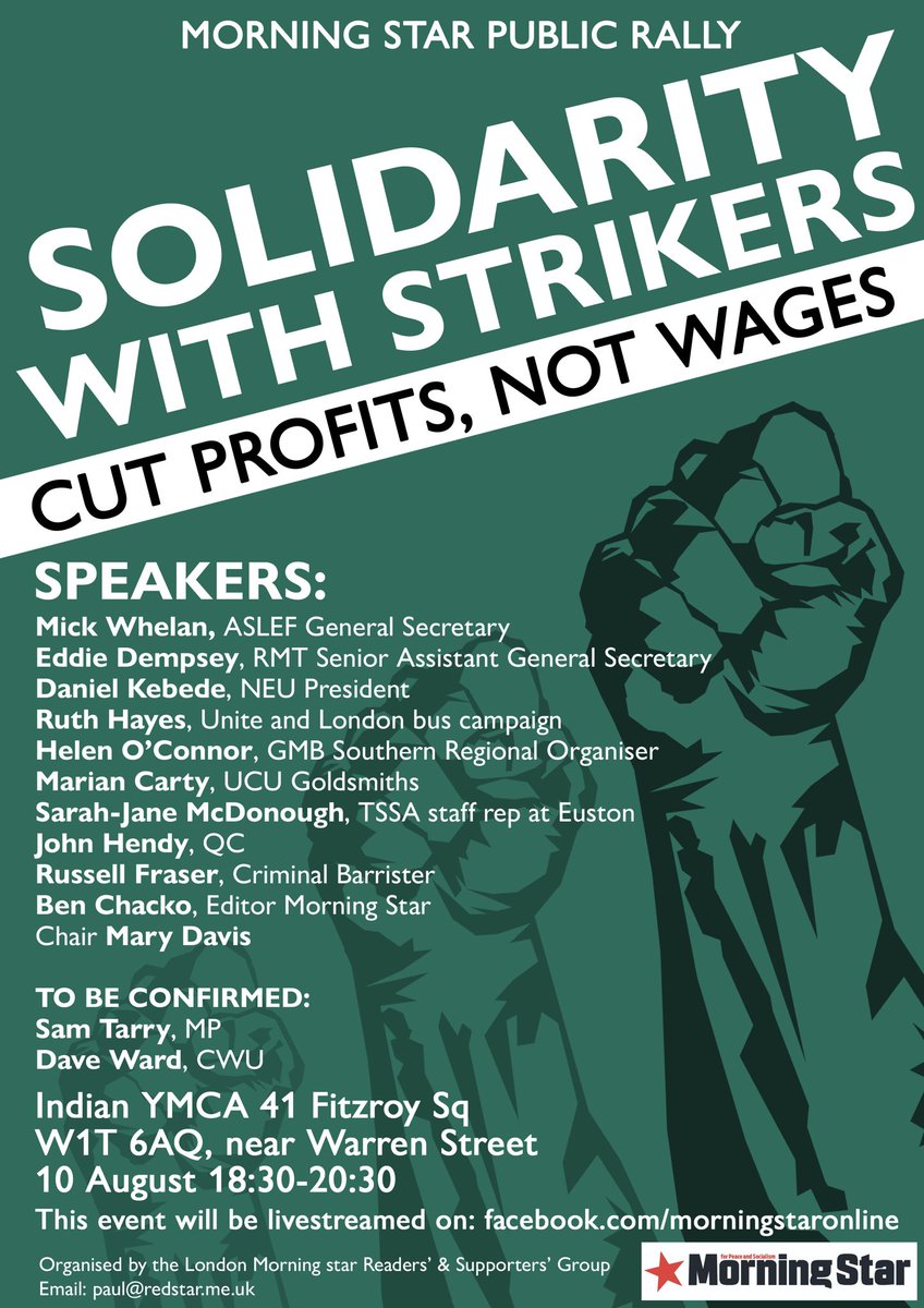 Luton_TUC's tweet photo. On the 10th of August @M_Star_Online  will be holding a public meeting, Solidarity With Strikers - featuring speakers from @ASLEFunion, @RMTunion, @TSSAunion, @NEUnion, @unitetheunion, @GMB_union, @ucu, and more.

Join in person, or online. https://t.co/s5g7ppZeZ1