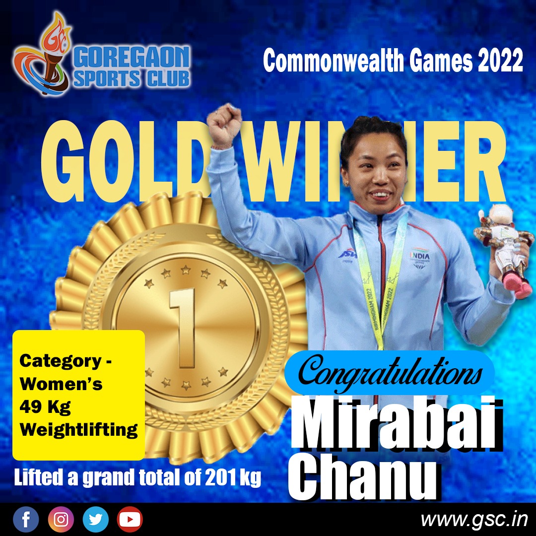 GSCMalad's tweet photo. GSC congratulates our Indian weightlifter Mirabai Chanu for winning Gold in the 49 kg category and setting an amazing record by lifting 201 kg at the Commonwealth Games 2022.
.
.
.
#MirabaiChannu #weightlifting #Goldmedal #GoldWinner #CommonwealthGames #HighestRecord #Winner https://t.co/U12zjRwC8W