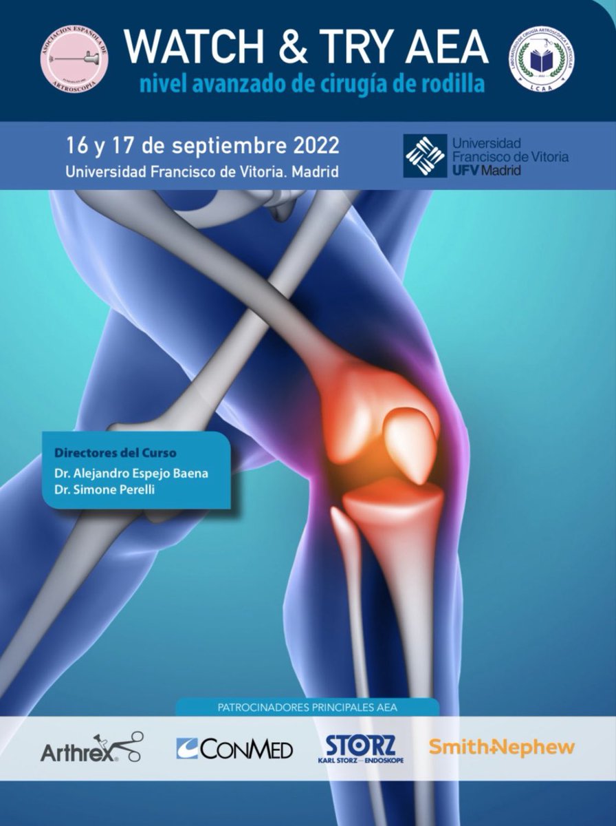 🟣NUEVO CURSO ARTROSCOPIA DE RODILLA 🟣

‼️YA PUEDES REALIZAR TU INSCRIPCIÓN ‼️

▪️16 y 17 Septiembre Madrid

▪️Consulta Programa aeartroscopia.com/sites/default/…

▪️Inscripción docs.google.com/forms/d/e/1FAI…