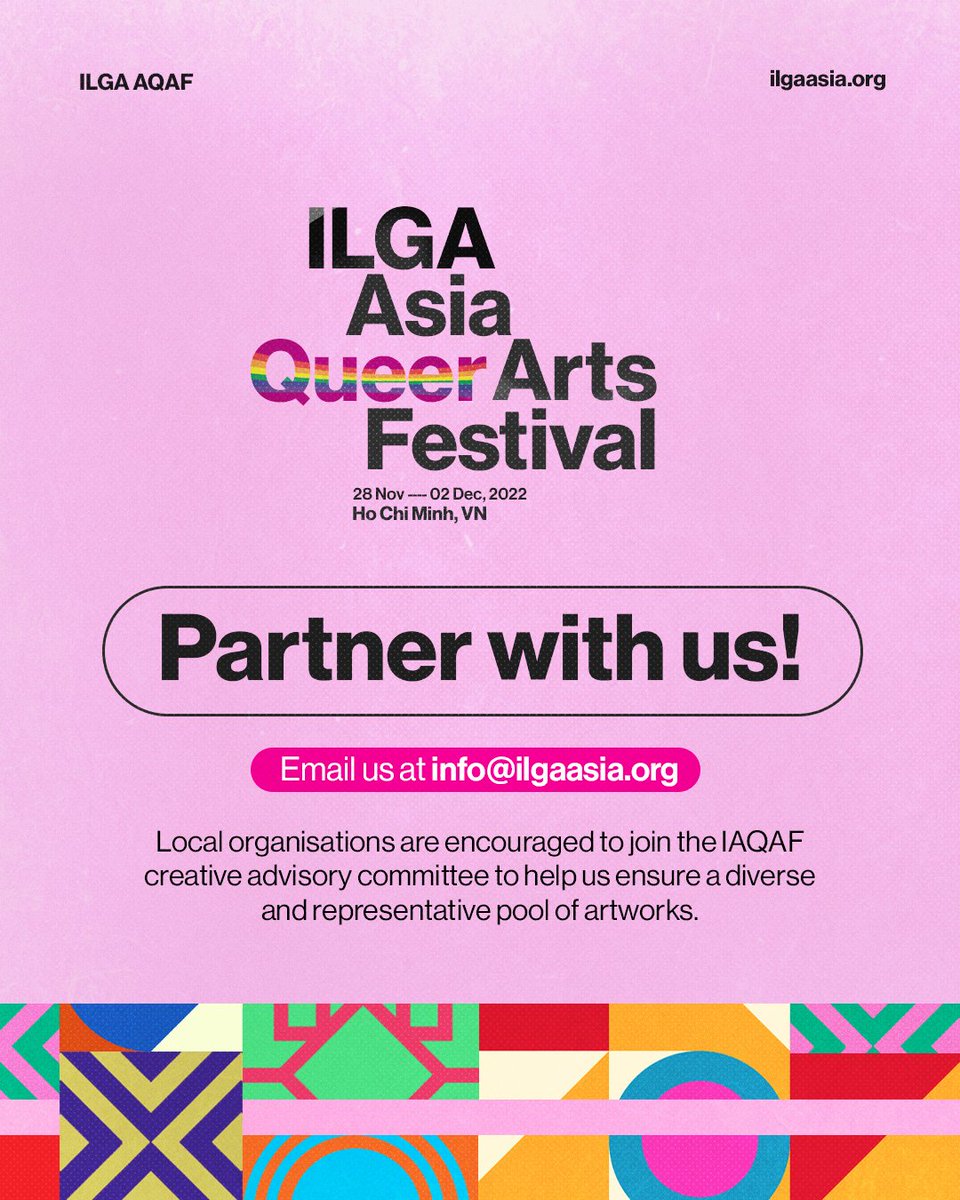 ILGAAsia's tweet photo. π’ Partner with us! π’
Be one of the prime movers of the first ever Asian region-wide queer art festival! π¨ππΆπ₯
π€ Local orgs can join the #IAQAF creative advisory committee to help us ensure a diverse & representative pool of artworks. Email us now at info@ilgaasia.org. https://t.co/KCpzLATw6l