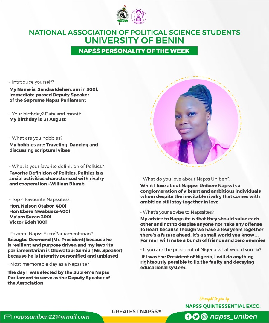 NapssUniben's tweet photo. Napss personality of the week 
Sandra Idehen

#NAPSS #Uniben #ASUU https://t.co/0MvjaLbSSb