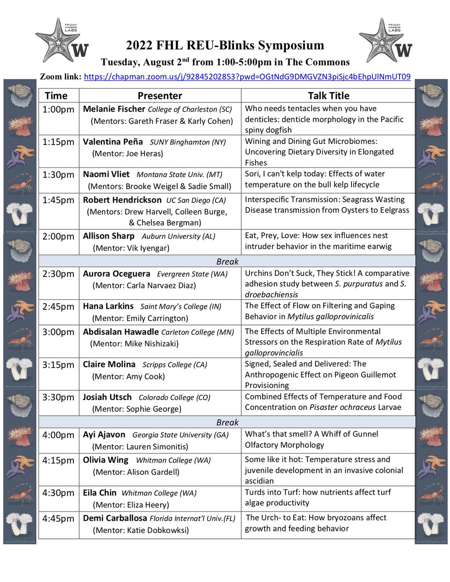 MarineBiol_FHL's tweet photo. Our REU Interns are wrapping up their research projects and will be hosting presentations tomorrow, August 2nd from 1pm-5pm in the Commons. You'll will be impressed by what they've accomplished in just 8 weeks! Flyer attached or write to masonfhl@uw.edu for details. https://t.co/gmNoNvp2VH