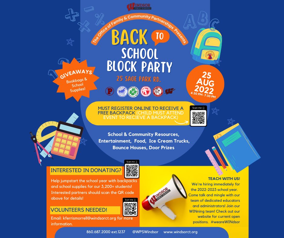 WHSPrincipalCT's tweet image. Mark your calendars!  Thursday, August 25th, 4:30 PM - 7:30 PM. Join Us for our very 1st DISTRICT WIDE Back to School Block Party! Check the flyer out to see how you can register your student for a FREE bookbag filled with school supplies! See flyer for details!  #weareWINdsor