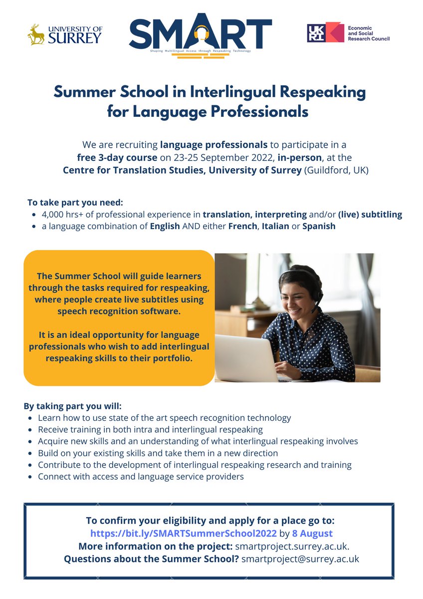 SMARTatSurrey's tweet photo. There are still a few places available on our Summer School in interlingual respeaking on 23-25 September! Please join us/help us share!!! 👇#InterlingualRespeaking #SpeechToTextInterpreting #LiveSubtitling https://t.co/g2Sn6lCUlo