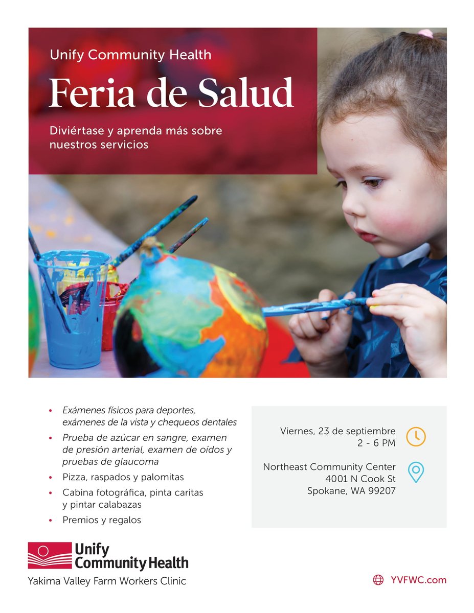 NECCSpokane's tweet image. Save the Date: Friday, September 23

Unify Community Health at NECC will have a fun family Health Fair, offering a wide range of resources on September 23, 2022, from 2-6pm.

📍4001 N Cook St., Spokane, WA 99207