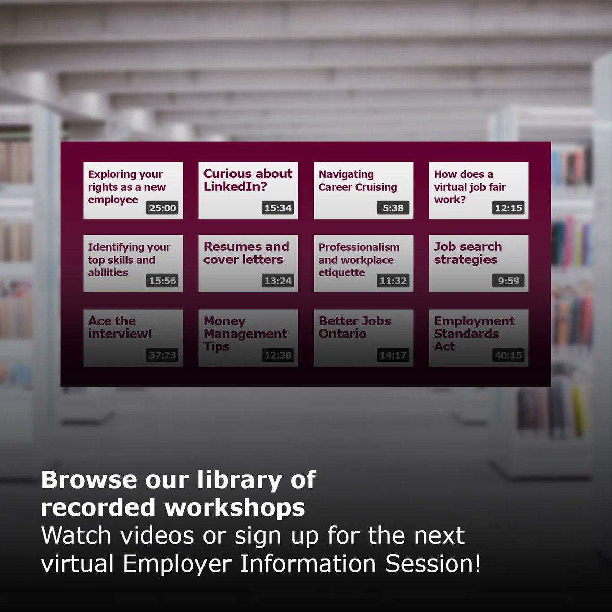 Nothing to watch on Netflix lately? Browse through our free library of recorded workshops 🎦 buff.ly/3OFiMcv (No subscription required 😎)

#VideoLibrary #JobSearch #HamOnt #ONJobs #HamOntJobs