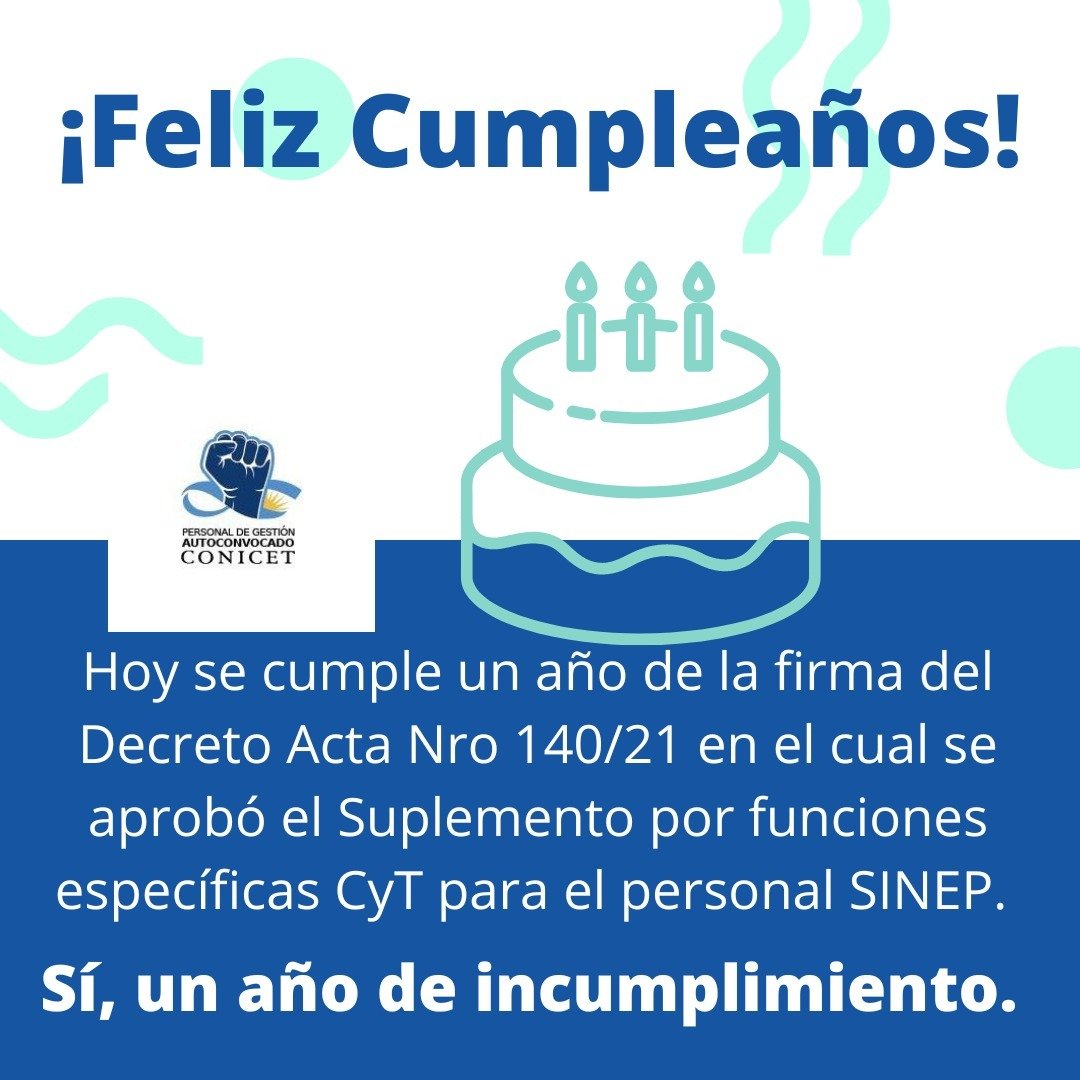 adm_CONICET's tweet photo. ¿¡¡¡Feliz cumpleaños!!!?
Bueno, quizás feliz para el Estado que paga nuestros sueldos, porque hoy se cumple un año de incumplimiento del firmado plus en reconocimiento por las tareas de apoyo a la investigación en CyT.
Sí, leíste bien. CONICET, el Estado, lleva un año en falta. https://t.co/xfEmYozO1b