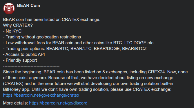BearcoinNet's tweet photo. BEAR Coin has been listed on @Cratex_Exchange 
BEAR/BTC: https://t.co/1TeTltsUc7 https://t.co/mqFNW03xvI