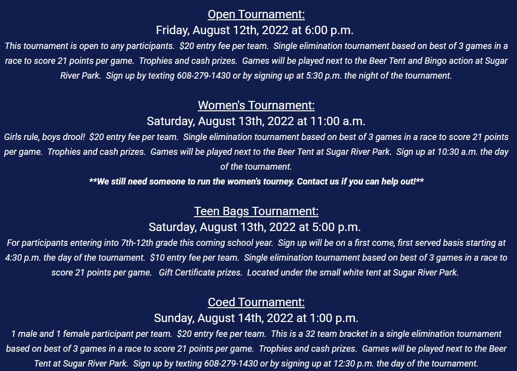 BVCommunityClub's tweet photo. #BCP2022 bag tourney info! 
Let us know if you can help out with the women's tourney on Saturday! https://t.co/27lQbMlhRY
