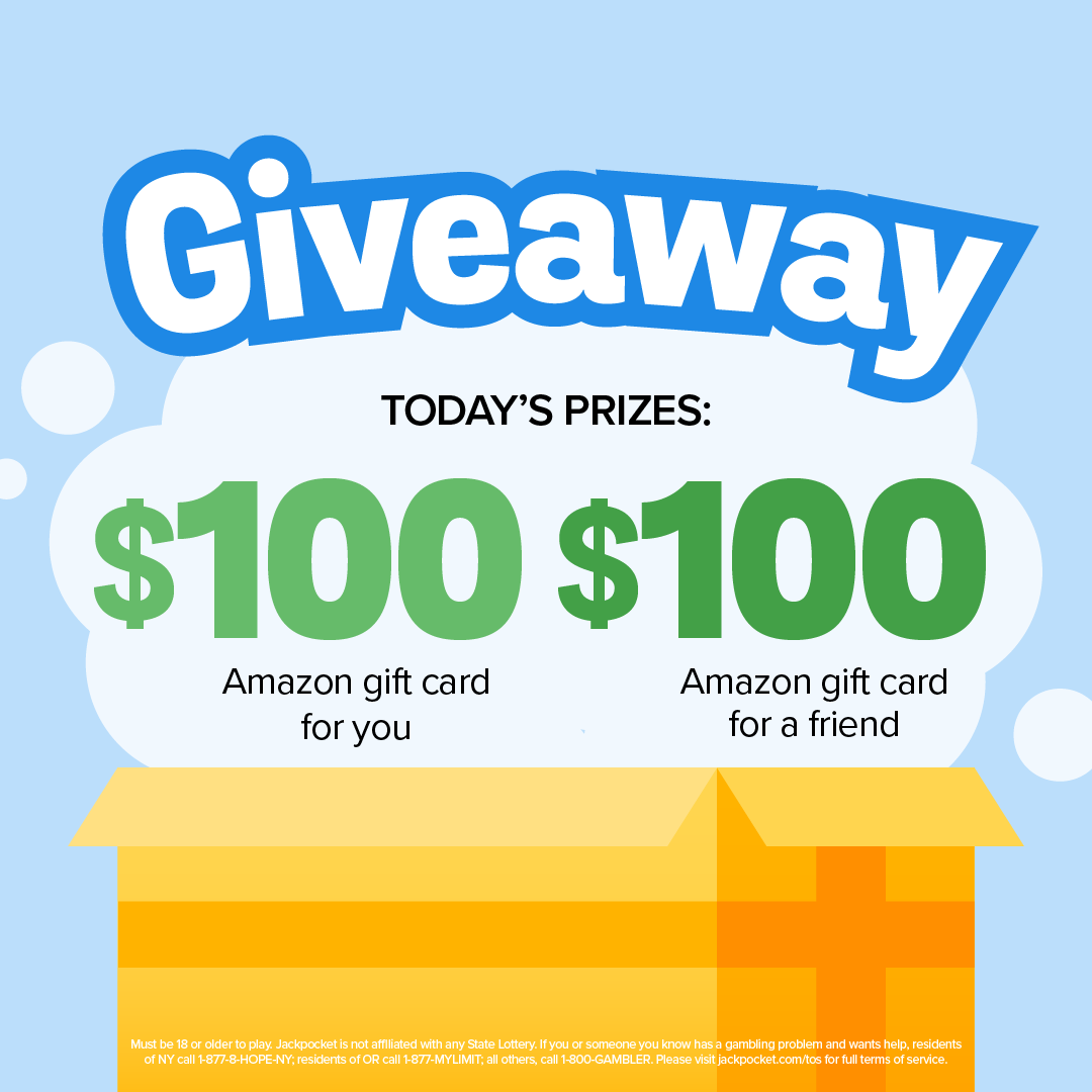 Giveaway! A free $100 Amazon gift card to one person AND a friend! 👯

How to enter 👇
🎁 RT this
🎁 Follow @jackpocket
🎁 Tag a friend in the replies! If selected, you'll both receive an Amazon gift card.

Winners will be announced 8/4/22.