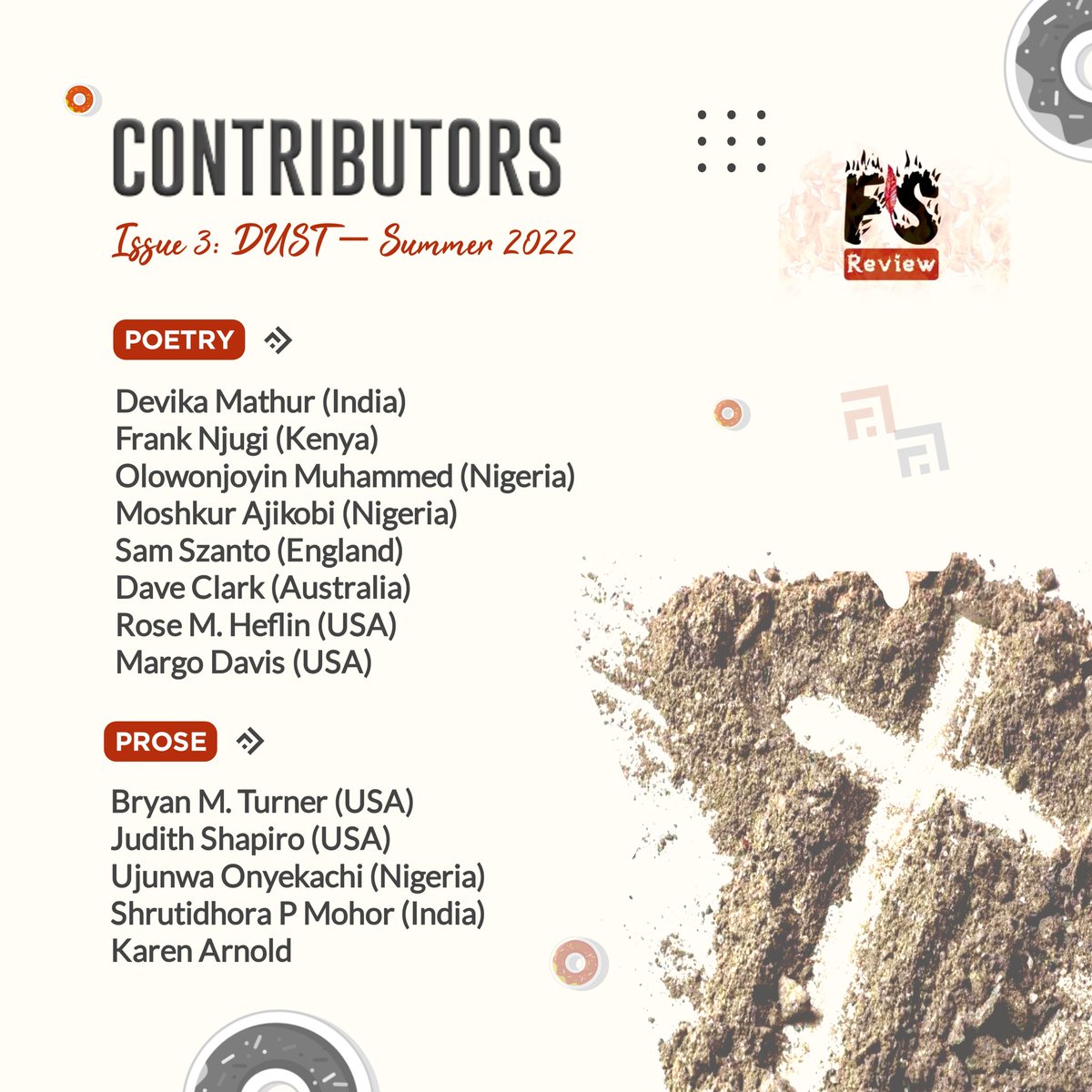 FieryScribeMag's tweet photo. We are pleased to release the contributors' list for our much anticipated (summer) Issue 3, themed DUST. 🔥😊

We received 100+ submissions, and despite the selection headaches, we ended up shortlisting (13) entries which we deem most artistic and expressive of our mission. https://t.co/1gVyTc6Lsn