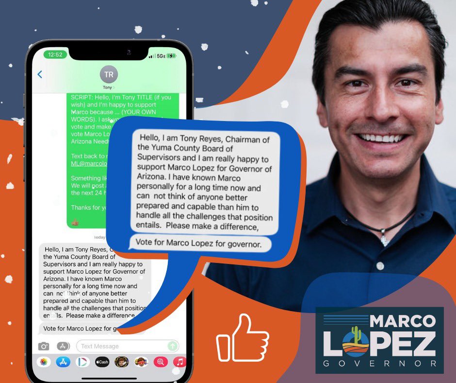 1marcolopez's tweet photo. Thank you for your many years of leadership in Yuma County Tony! We need folks all across the state to show up and vote on election day tomorrow just like we've shown up for them in all 15 counties and 22 tribes! Together we can make a difference! #ArizonaNeedsUs https://t.co/5q5bD6RONH
