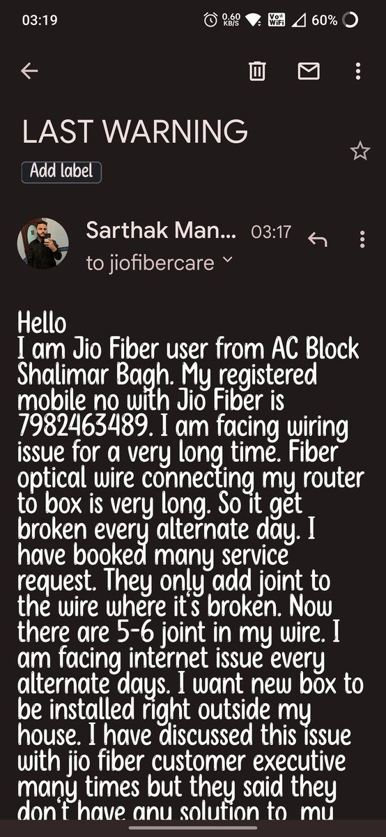 I am facing broken wire issue from many months. Engineer visit and always joint the broken wire. Now there are 5 joint .I want new  Jio Wire box to be installed outside my house. Otherwise you know it, I am gonna register my complaint with  @jagograhakjago. @reliancejio @JioCare https://t.co/2IicNHOFHr