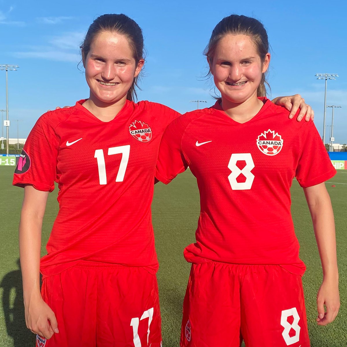 CANWNT's tweet photo. 🍁 Twin sisters 🍁

On Monday morning, Taegan Stewart (right) became the first Canadian youth international to score with an assist from her twin sister.

The two subs (Keelyn &amp; Taegan) combined for Canada's last goal in a 5:0 win at the Concacaf Girls' Under-15 Championship. https://t.co/gip49mLWF8