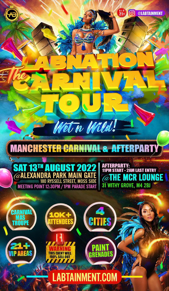 MANCHESTER CARNIVAL &amp; AFTERPARTY💥

CARNIVAL T-SHIRT MAS TROUPE: 

🔥 Smoke &amp; Paint Grenades
🔥 Whistles &amp; Horns
🔥 Labtainment Hype Crew
🔥Carnival Troupe T-Shirts
🔥Giveaways
🔥PURE SOCA SOUND

TICKET LINK IN BIO

#labnation2022 #Soca #Manchester #Dancehall #Amapiano #Afrobeats