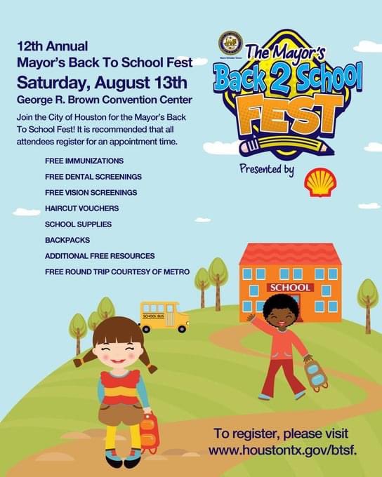 The City of Houston is hosting the 12th Annual Mayor’s Back 2 School Fest for 25,000 kindergartens through fifth-grade students on Saturday, August 13. For the past two years, the event has been a drive-through distribution. This year, the festival returns to in-person.