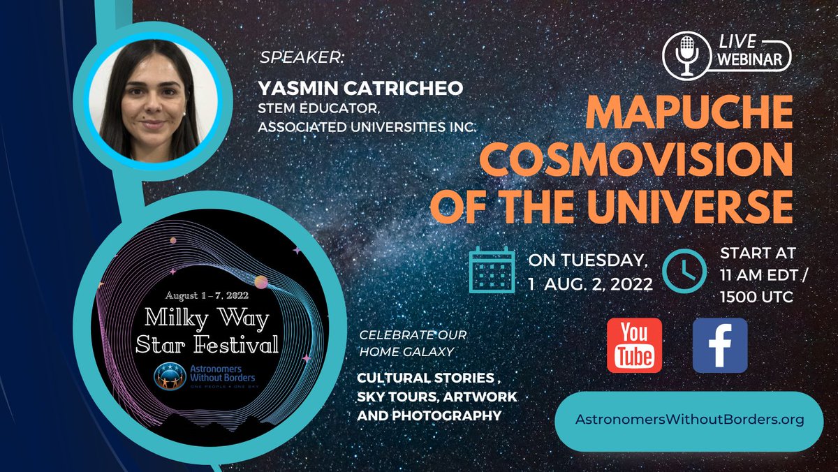 awb_org's tweet photo. #MilkyWayStarFestival continues Tues, August 2 
@ 1500UTC/ 11 am EDT
Mapuche Cosmovision of the Universe 
#OnePeopleOneSky

Info: https://t.co/HxXLxgTYNY

@DiscoverAUI
@Celestron
 @timeanddate @IAU_Outreach  @Astro4Dev @rasc @nightskynetwork @AstroSocietyPac  @SETIInstitute https://t.co/nrAjOi4ZlF