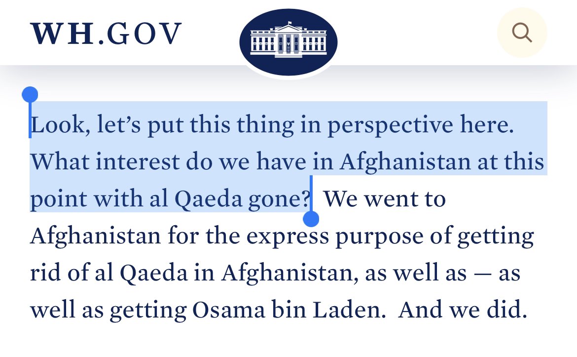 KatiePavlich's tweet photo. Biden will take a victory lap tonight for the killing of Al-Qaeda leader Ayman Zawahri, which is a good thing.
But on 8/20/2021 during the catastrophic withdrawal from Afghanistan, Biden said Al Qaeda was gone. And yet, Zawahri was just droned in Kabul. https://t.co/pthmb6uwAz