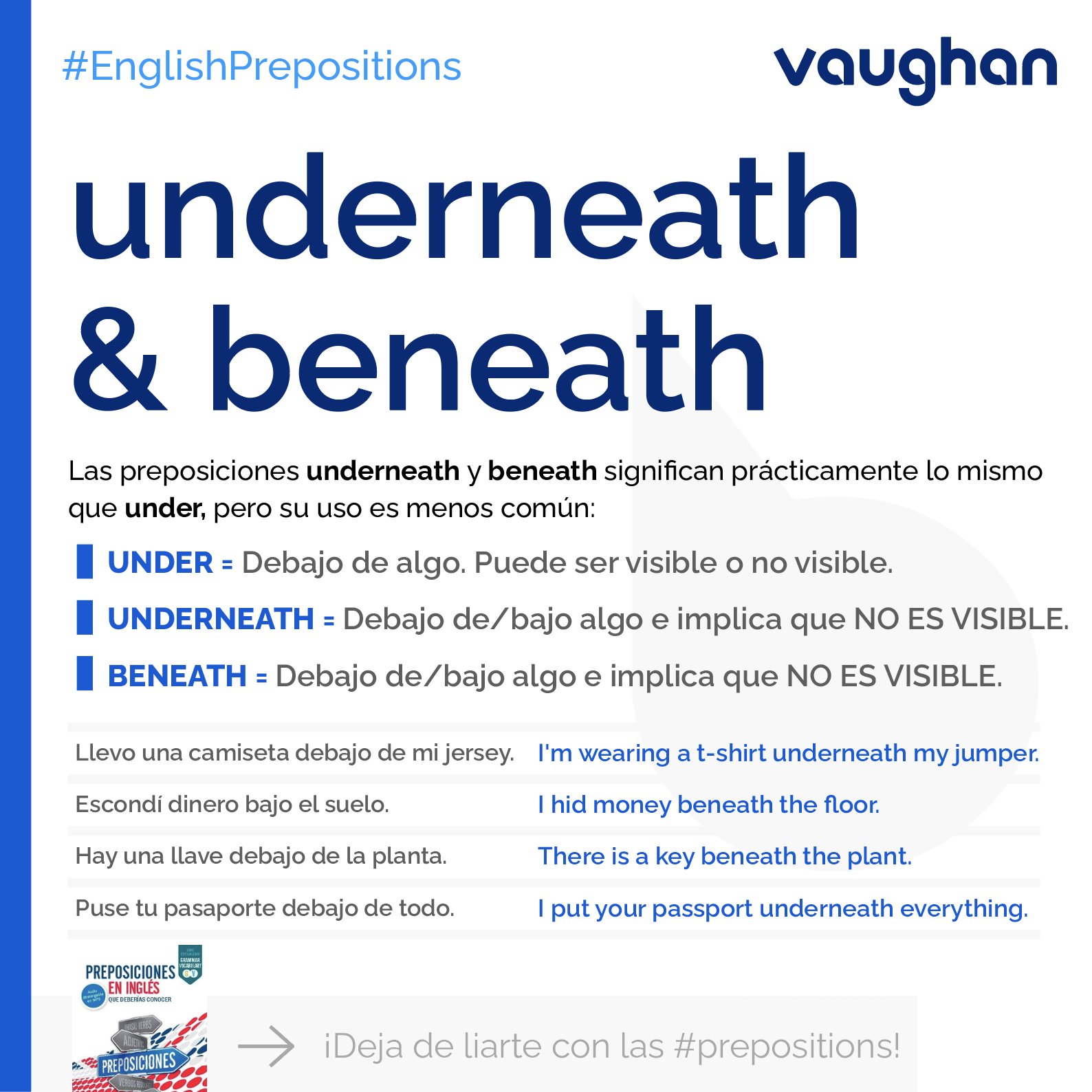 Grupo Vaughan on X: Hoy vemos underneath y beneath (que se usa en  contextos más formales) y la diferencia con under ✓  #EnglishPreposititions Mucho más en nuestro #BookOfTheDay 👉    /