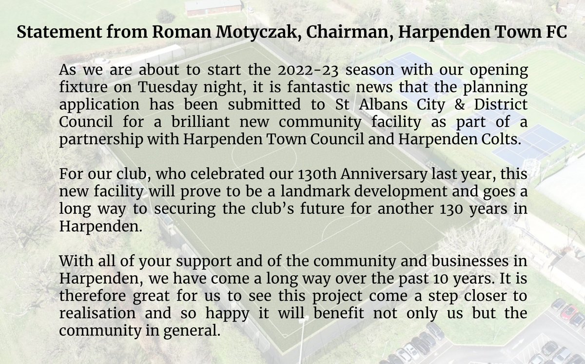 Statement from our chairman, <a href="/RMotyczak/">Roman Motyczak</a> on the momentous development at Rothamsted Park, working with <a href="/HarpendenTown/">Harpenden Town Council</a> and <a href="/HarpendenColts/">Harpenden Colts FC</a> for a facility for our community. #OneTeamOneTown 

Full Statement from the Town Council here: harpenden.gov.uk/news-and-initi…