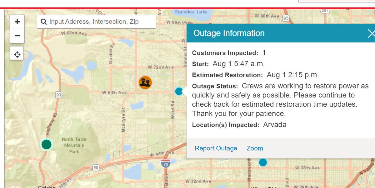 vessely's tweet photo. @Denver7Traffic And it's back...In west Arvada/Golden it's going out for 2-3 seconds about every 5 minutes.  It might be better if power went off for a bit rather than everything cycling on-off-on again every five minutes, especially if that meant they could fix it sooner. https://t.co/AzSVrt2CpR