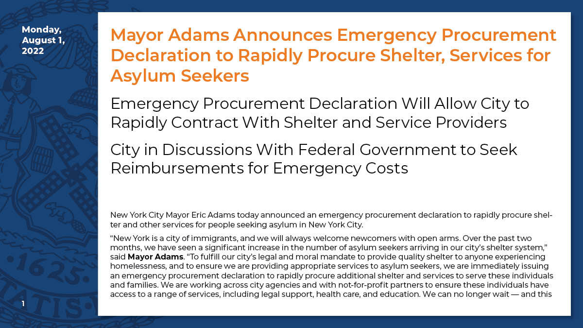 nycgov's tweet image. TODAY: @NYCMayor announced an emergency procurement declaration to rapidly get resources, supplies and shelter for asylum seekers arriving in New York City.

“New York is a city of immigrants, and we will always welcome newcomers with open arms.” — Mayor Adams