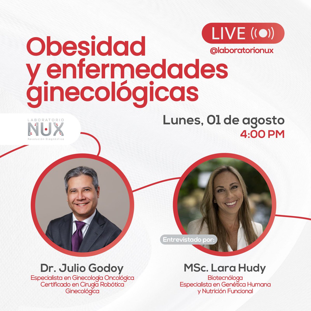 Esta tarde tenemos una invitación para ti! Conéctate a las 4 pm y conoce sobre la Obesidad y enfermedades ginecológicas con el Doctor Julio Godoy, especialista en Ginecología y MSc. Lara Hudy de NUX Laboratorio. 🧬

Link de la entrevista de Nux 
youtube.com/watch?v=18MOKA…